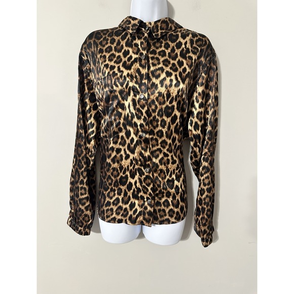 Heroine Sport Tops - Heroine Sport Relaxed Fit Satin Long Sleeve Snap Button Cheetah Top Size L NWOT